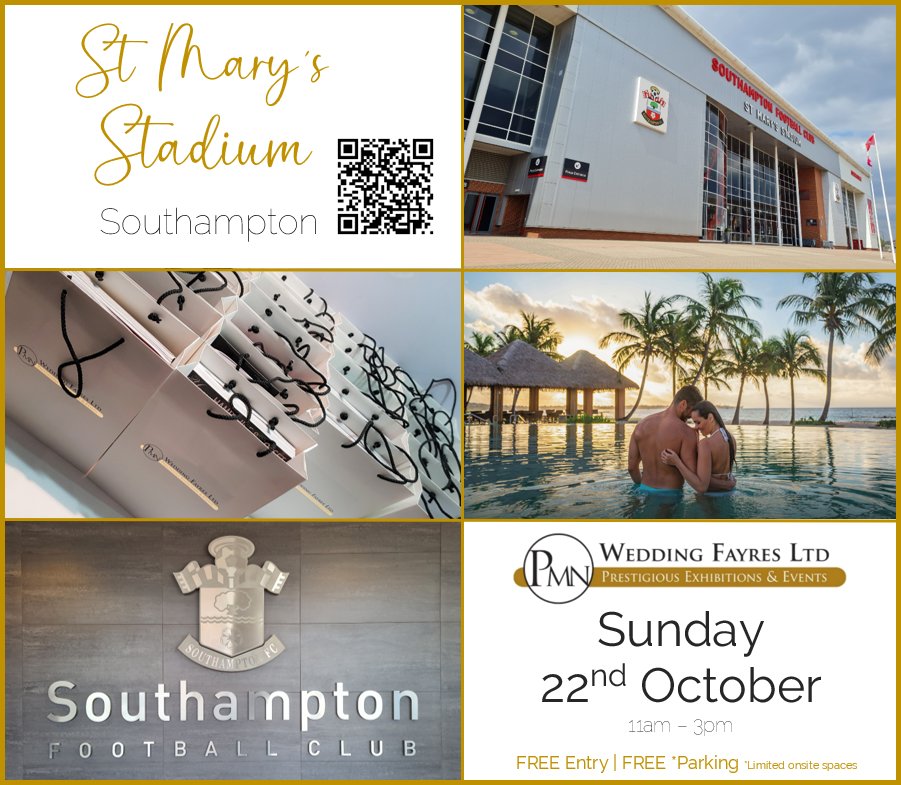 It's our @southamptonfc ⚽️Autumn 🍂 #weddingfayre this Sunday 22nd October💕Join us in the Mick Channon Suite, 11am-3pm, with up to 40 expert #weddingsuppliers exhibiting!💐🎂🎩💍🥂🎼🚗🏝️💒💗💙💛🤎#weddingfair