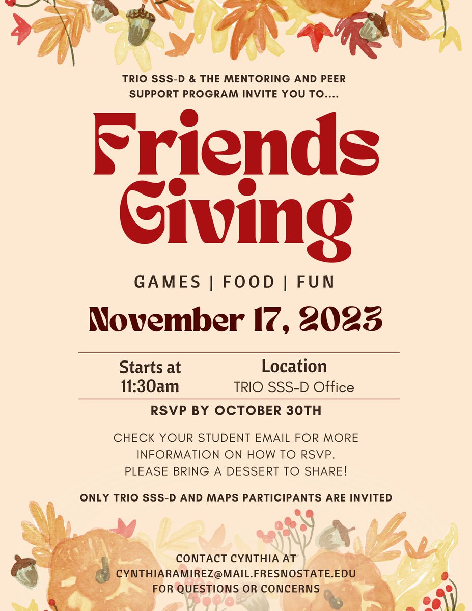 Join us for a Friendsgiving celebration on November 17th 🦃 There will be games, food, and lots of fun! Check your student email for more information on how to RSVP.