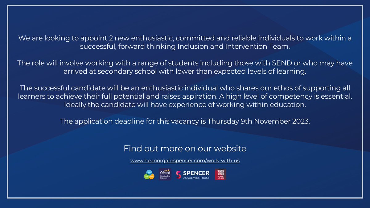 HeanorGateSA's tweet photo. We are looking to appoint 2 new enthusiastic, committed and reliable individuals to work within a successful, forward thinking Inclusion and Intervention Team.

To apply and see the full job description, please visit https://t.co/DKupC9iVqx #TeamHeanor https://t.co/JE4j2dJZCV