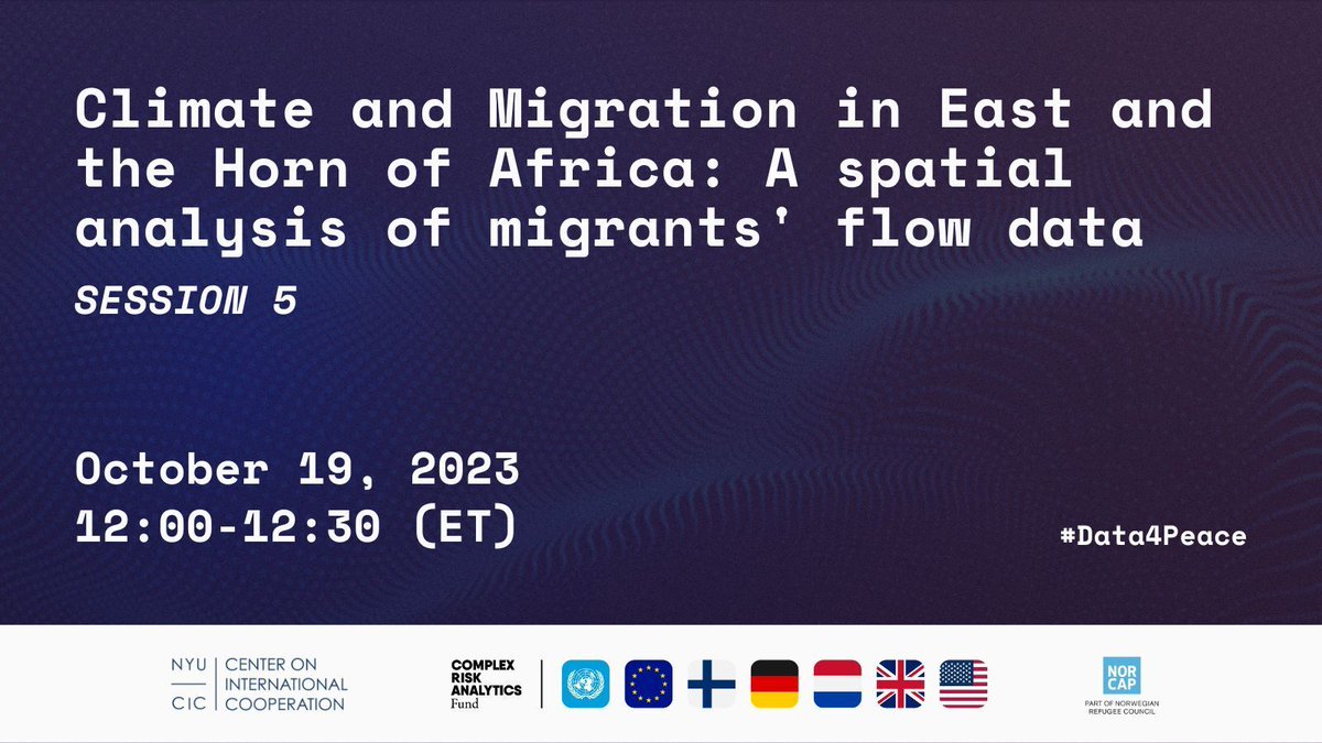 NYU Center on International Cooperation (CIC) (@nyucic) on Twitter photo 🌐 Starting at 12 ET | #Data4Peace 2023
This session from <a href="/HHI/">Harvard Humanitarian Initiative</a> looks at climate & migration in #EastAfrica & #HornOfAfrica, focusing on a spatial analysis of migrants.
📺 cic.nyu.edu/data-for-peace…
🗓️ cic.nyu.edu/events/data-fo…
#ClimateMigration #ClimateDisplacement <a href="/UNmigration/">IOM - UN Migration 🇺🇳</a> 🌐 Starting at 12 ET | #Data4Peace 2023
This session from <a href="/HHI/">Harvard Humanitarian Initiative</a> looks at climate & migration in #EastAfrica & #HornOfAfrica, focusing on a spatial analysis of migrants.
📺 cic.nyu.edu/data-for-peace…
🗓️ cic.nyu.edu/events/data-fo…
#ClimateMigration #ClimateDisplacement <a href="/UNmigration/">IOM - UN Migration 🇺🇳</a>