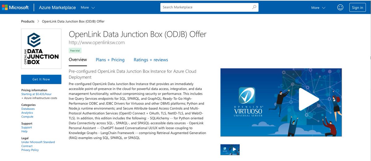 @Azure hosted PAGO edition of the latest OpenLink Data Junction Box (#ODJB) 1.2.3 release is now live.
New ready to use bundles include:

* @SQLAlchemy
* OpenLink Personal Assistant (#OPAL)
* @LangChain Framework

azuremarketplace.microsoft.com/en-us/marketpl…

#SQL #SPARQL #SPASQL #RAG #KnowledgeGraph
