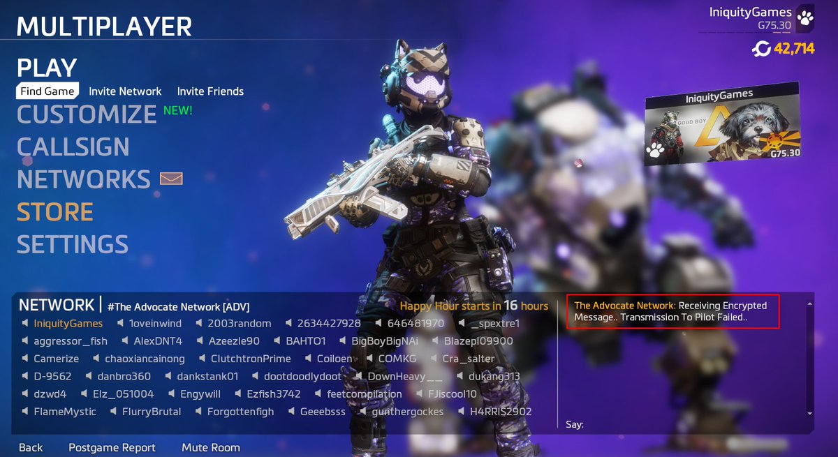 Iniqu1ty's tweet photo. There's a new message from The Advocate in Titanfall 2.

"Receiving Encrypted Message.. Transmission To Pilot Failed.." https://t.co/OaEmIahSZo