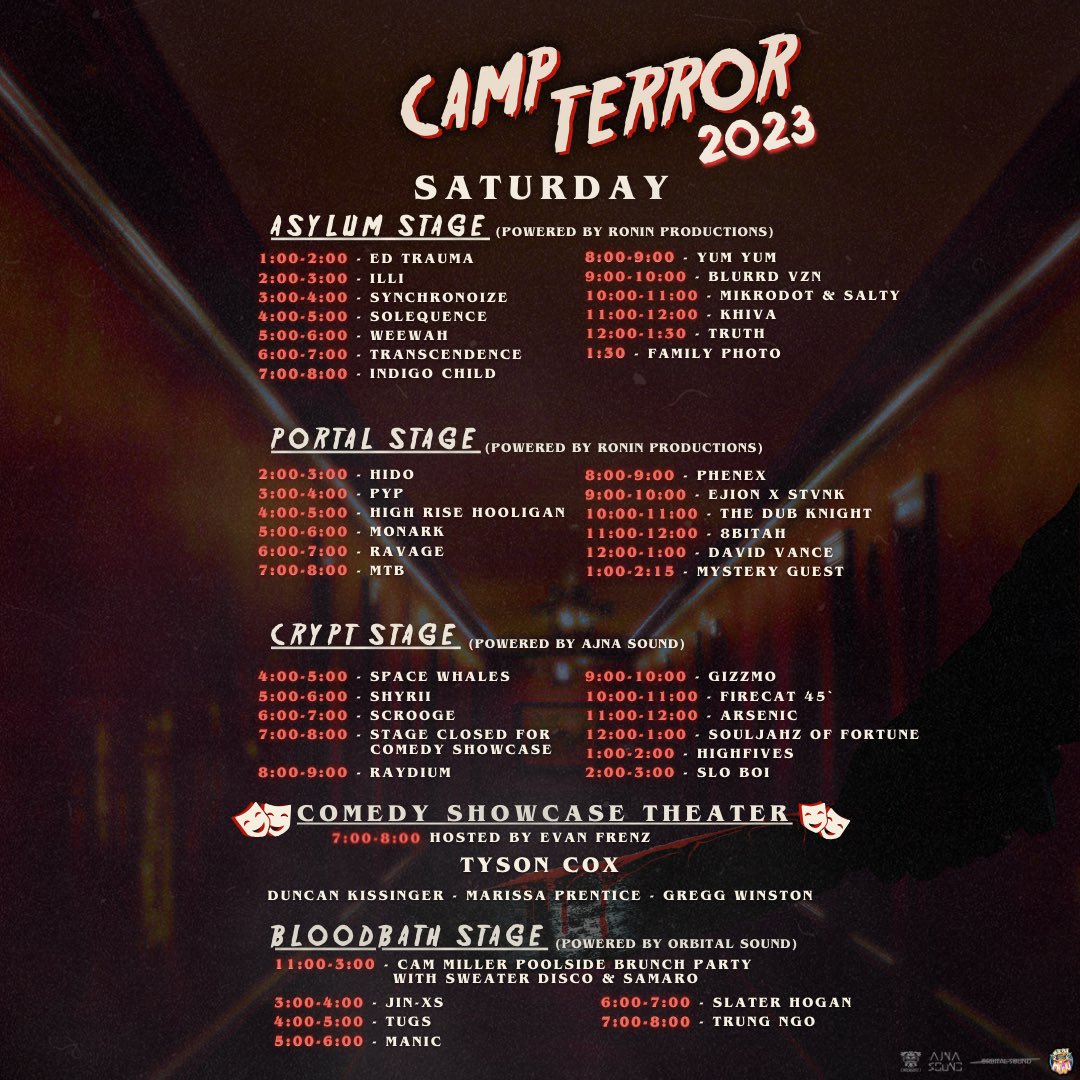 Here’s your Camp Terror 2023 schedule by day! 
- Single day Saturday tickets now available 
- No fee tickets available at #AlteredThurzdaze tonight

🩸 campterrorfestival.com

See you there!