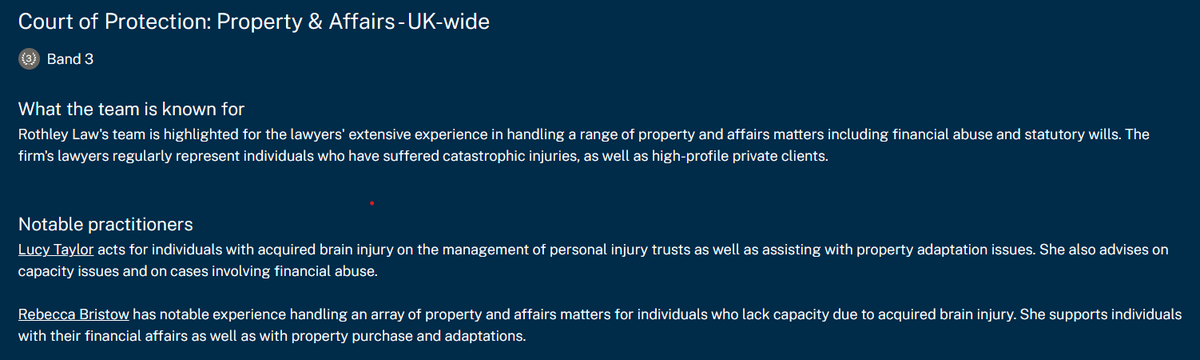 RothleyLawCOP's tweet photo. 💥Chambers and Partners💥

The Rothley Law COP Team have been Tier 3 listed in @ChambersGuides! Recognition as a new firm is really special, thanks to all who contributed.

Lucy Taylor is Band 4, and @Becca_FG is Up and Coming! 🎉

#cop #courtofprotection #newfirm https://t.co/XFX3tYrgjP
