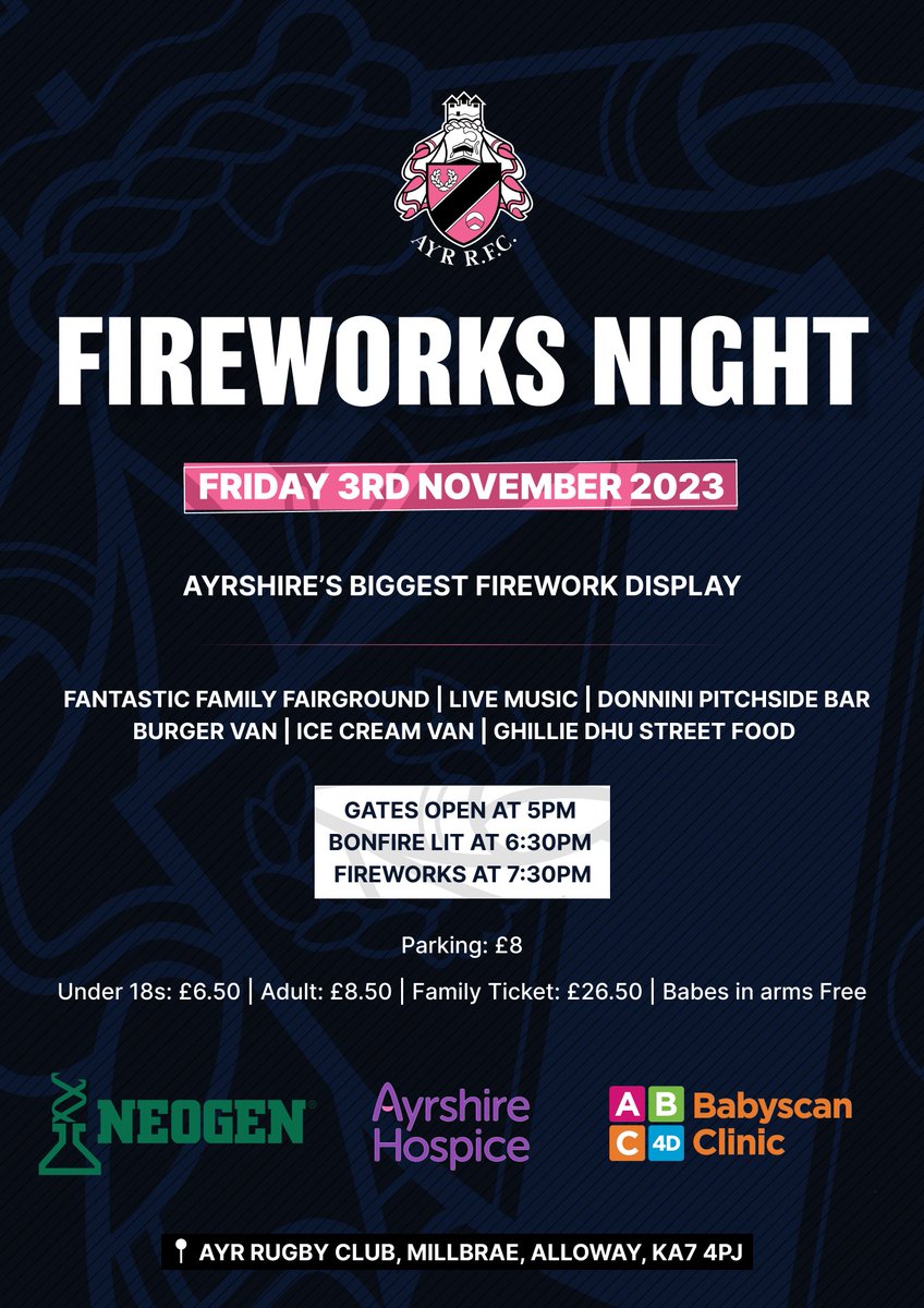 AyrshireHospice's tweet photo. We will be at @OfficialAyrRFC annual fireworks display on Friday 3rd November! 🎆

Come along and say hi to our staff and volunteers at our hospice stall and bucket collection on the night.💜Tickets are available 👉 https://t.co/51fuglYoy8

#makingtodaymatter #community #ayrshire https://t.co/Lso3G2Q5Yq