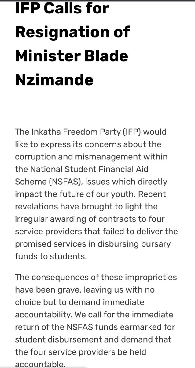 vote_ifp's tweet photo. 📢IFP demands Minister Dr. Blade Nzimande's resignation! #IFP #BladeNzimande #ResignationCall #NSFAS https://t.co/iLjnJBcWJR