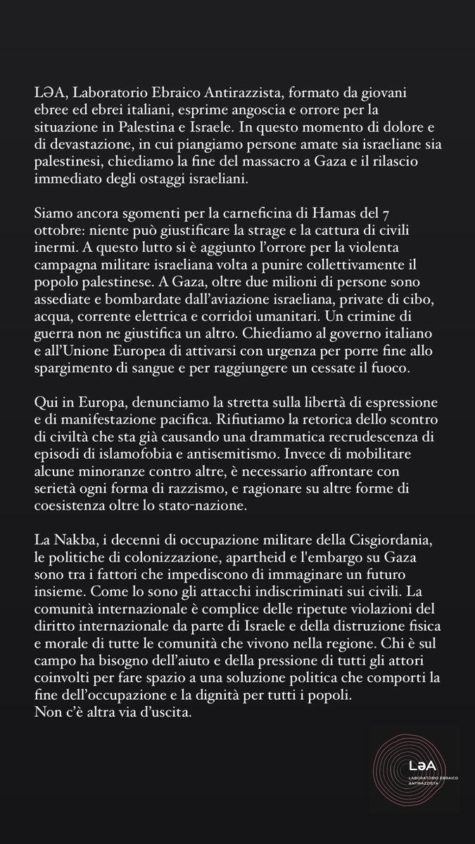 Comunicato di LƏA - Laboratorio Ebraico Antirazzista sulla situazione a Gaza e in Israele, e sulla tossica narrazione dello scontro di civilità. 

"LƏA, Laboratorio Ebraico Antirazzista, formato da giovani ebree ed ebrei italiani, (1/10)
