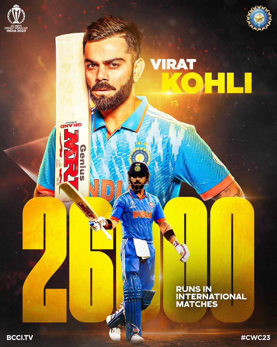 BCCI's tweet photo. Another run-chase 
Another fifty
Another milestone

King Kohli reaches 𝟮𝟲,𝟬𝟬𝟬 𝗶𝗻𝘁𝗲𝗿𝗻𝗮𝘁𝗶𝗼𝗻𝗮𝗹 𝗿𝘂𝗻𝘀! 👑

#CWC23 | #TeamIndia | #INDvBAN | #MenInBlue https://t.co/DMkjgc88WT