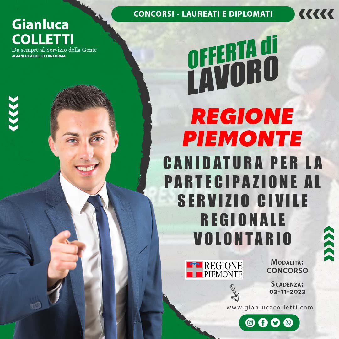 #REGIONE #PIEMONTE - #Candidatura per il #ServizioCivile regionale volontario. Scadenza: 03.11.23 #gianlucacollettiinforma
👉🏻 gianlucacolletti.com/galleriagianlu…