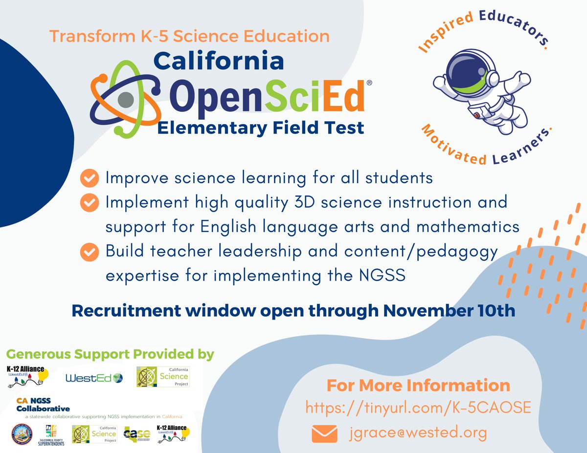 K-12 Alliance (@k12alliance) on Twitter photo We are thrilled to announce we've opened recruitment join the <a href="/OpenSciEd/">OpenSciEd</a> elementary field test! Thanks to $ from <a href="/WestEd/">WestEd</a> <a href="/ca_csp/">CA Science Project</a> CA NGSS Collaborative & <a href="/K12Alliance/">K-12 Alliance</a> we are doing so at a greatly reduced cost. Visit tinyurl.com/K-5CAOSE and find us at #CAScience23 to learn more We are thrilled to announce we've opened recruitment join the <a href="/OpenSciEd/">OpenSciEd</a> elementary field test! Thanks to $ from <a href="/WestEd/">WestEd</a> <a href="/ca_csp/">CA Science Project</a> CA NGSS Collaborative & <a href="/K12Alliance/">K-12 Alliance</a> we are doing so at a greatly reduced cost. Visit tinyurl.com/K-5CAOSE and find us at #CAScience23 to learn more