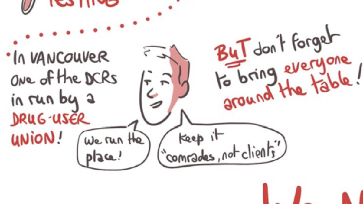 garthmullins's tweet photo. Drug consumption rooms can be run by drug users! Like @VANDUpeople &amp; @vancouverops “Comrades not clients!” 
(I’ve never been in the graphical recording for a conference before. Does it look like me?)  #INHSU2023 https://t.co/4VbTI0jBPw