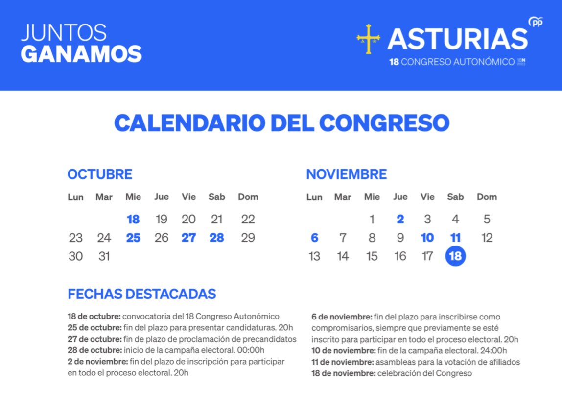 NNGG_Asturias's tweet photo. El próximo 18 de noviembre, la familia del @pp_asturias celebra su XVIII Congreso Regional 🗳️

JUNTOS GANAMOS 🔵

👇Aquí tenéis toda la información👇 https://t.co/xrrstgpiz4