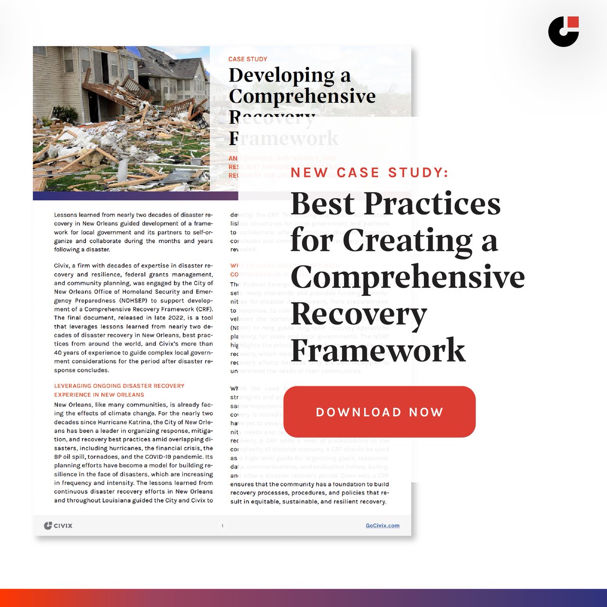Our team at Civix helped the City create a Comprehensive Recovery Framework. It provides a framework that state or local governments can leverage to prepare for disasters that might strike. 

gocivix.com/resources/clie…