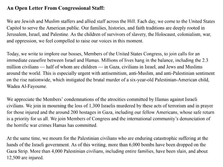IfNotNowOrg's tweet photo. Powerful letter from Jewish &amp; Muslim congressional staff to their bosses.

We join these staffers in their call -- it is not only possible, but essential, to simultaneously mourn for murdered Israelis, demand the safe return of hostages, *and* push for aid &amp; immediate ceasefire. https://t.co/uATBQ37gJa