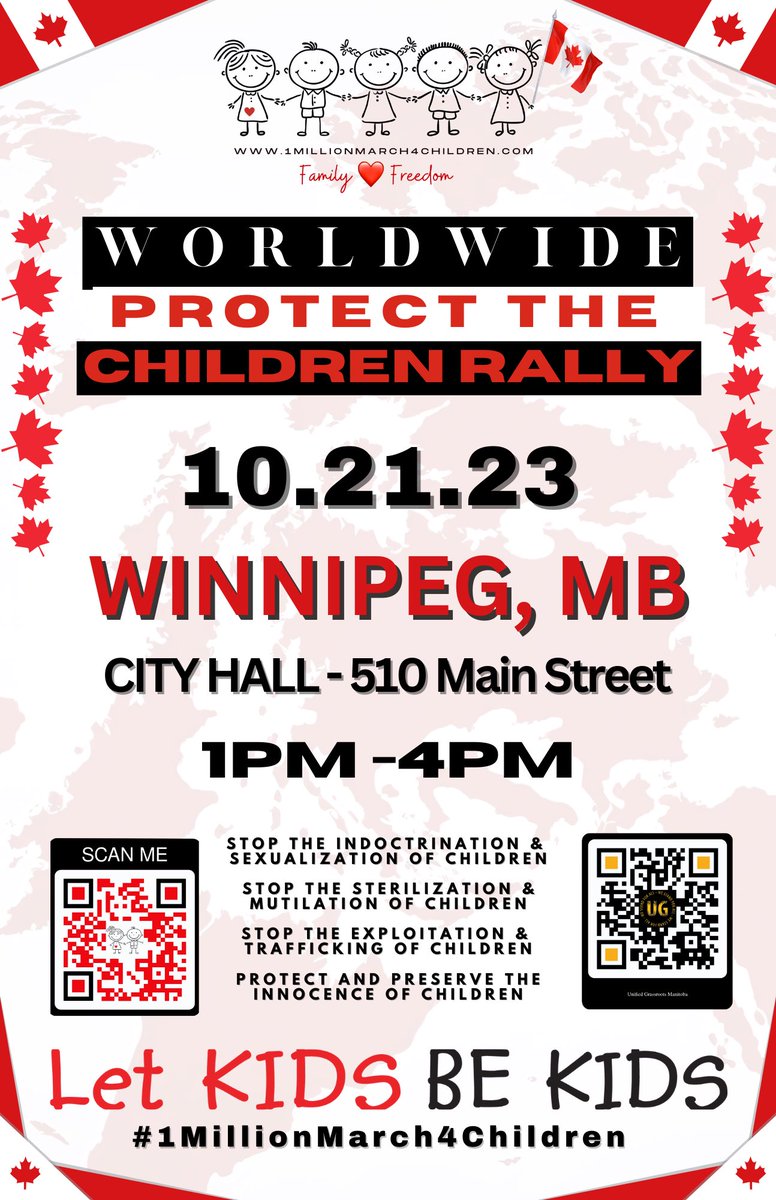 UGmanitoba's tweet photo. Attention 
#Manitoba!

These are the official @1MillionMarch4C rallies/marches happening around our province!

Please share - as the counter protesters are trying to say we have cancelled our events.  

Unified Grassroots Manitoba is hosting Winnipegs! 

#1MillionMarch4Children https://t.co/a85hB5Tj4Y
