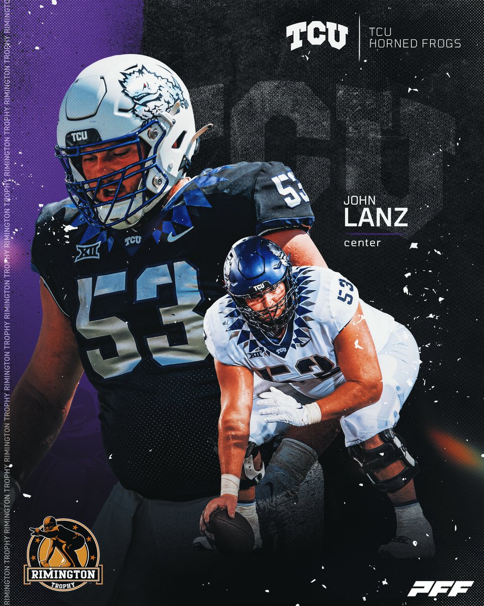 rimingtontrophy's tweet photo. According to @pffcollege, the @TCUfootball center, John Lanz has a 71.1 pass blocking grade. He has allowed 0 sacks and only 5 total QB pressures across 319 pass blocking snaps in 2023. #rimingtonwatchlist https://t.co/9Dnzgnt8kZ