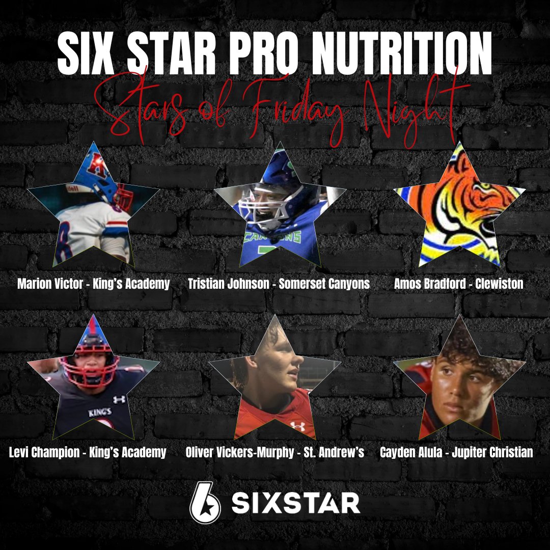 ESPN Top 63 (@espntop63) on Twitter photo The <a href="/SixStarPro/">Six Star Pro Nutrition</a> Stars of Week 8‼️
<a href="/MarionVictorr/">Marion Victor</a>⭐️229 Rush Yards | 3 TD
<a href="/Abizzyyyy3/">Amos bradford ll</a> ⭐️205 Total Yards | 3 TD
<a href="/tristian06/">Tristian M Johnson</a> ⭐️196 Total Yards | 3 TD
L. Champion ⭐️12 TKL | 5 TFL | 2 Sacks
<a href="/OllieVM2/">Oliver Vickers-Murphy</a> ⭐️8 TKL | Sack | INT | FG Block
<a href="/caydenalula13/">Cayden Alula</a> ⭐️7 TKL | 4 TFL | 2 Sacks | TD The <a href="/SixStarPro/">Six Star Pro Nutrition</a> Stars of Week 8‼️
<a href="/MarionVictorr/">Marion Victor</a>⭐️229 Rush Yards | 3 TD
<a href="/Abizzyyyy3/">Amos bradford ll</a> ⭐️205 Total Yards | 3 TD
<a href="/tristian06/">Tristian M Johnson</a> ⭐️196 Total Yards | 3 TD
L. Champion ⭐️12 TKL | 5 TFL | 2 Sacks
<a href="/OllieVM2/">Oliver Vickers-Murphy</a> ⭐️8 TKL | Sack | INT | FG Block
<a href="/caydenalula13/">Cayden Alula</a> ⭐️7 TKL | 4 TFL | 2 Sacks | TD