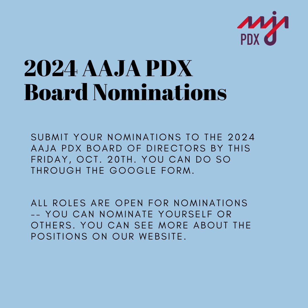 Nominations are due TOMORROW!

Nominate here: docs.google.com/forms/d/e/1FAI…

Learn more about the positions here: aaja-pdx.org/about/