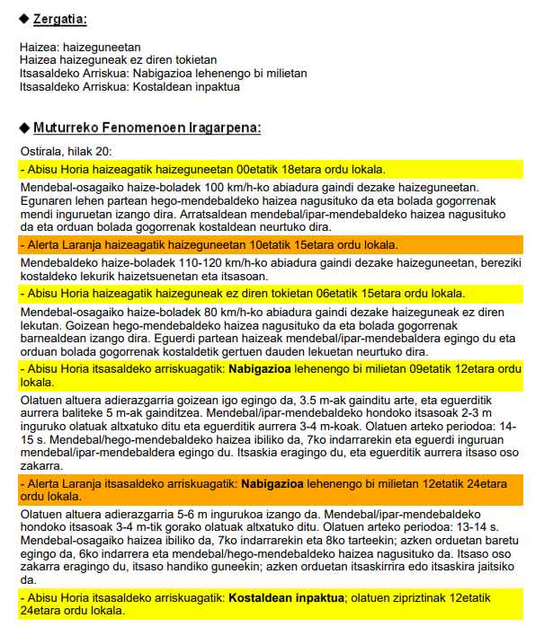 _Ispaster_'s tweet photo. Bihar Urriak 20, ostirala.
Abisu horia eta alerta laranja.
Haize bortitzagaitik eta itsasaldeko arriskuagatik. https://t.co/C8gyUEDWMP