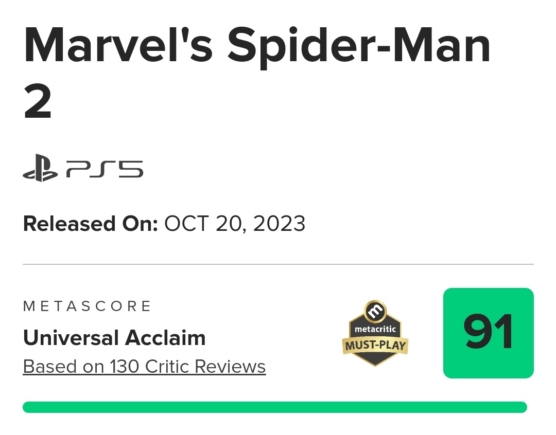 DomTheBomb on X: Marvel's Spider-Man 2 opens with a 91 on Metacritic!   / X