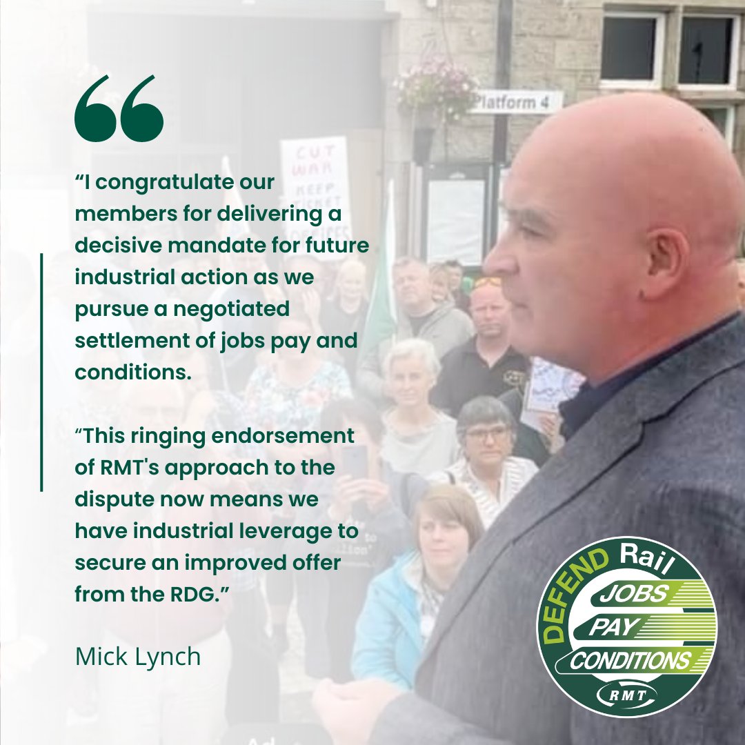 RMTunion's tweet photo. Over 20,000 members were balloted across 14 rail companies with all of them individually achieving over a 50 percent turnout and overwhelming 'yes' votes for further strike action.

Overall 89.9% of members voted 'yes' for more strike action, on a 63.6% turnout. https://t.co/9s9pDaHjm0