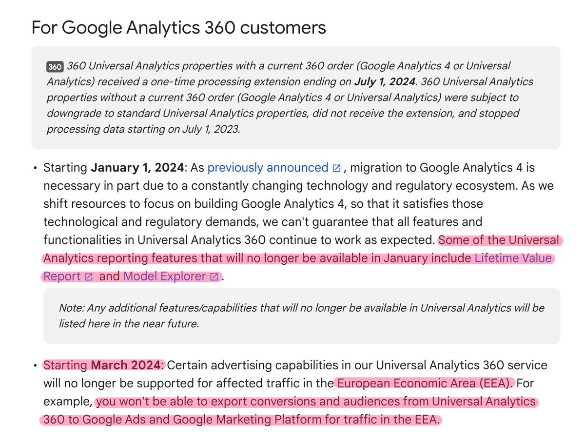 Important end-of-life updates for GA360 customers still using Universal Analytics. 

In January, some reporting features will disappear.

In March, you will no longer be able to export audience or conversions to Google Ads in Europe.

Read more: support.google.com/analytics/answ…