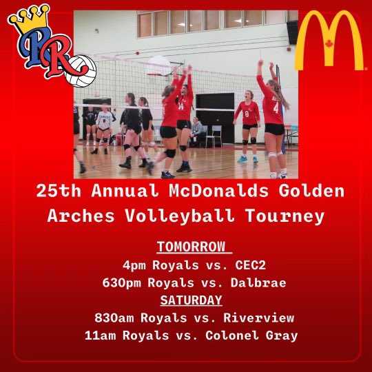 TOMORROW!!
Come cheer on the girls Friday at 4pm and 6:30pm and Saturday at 8:30am and 11am as they make a run at a home title!
Canteen, 50/50, Tourney tshirts and Alumni shirts available this weekend! 
Let’s go Royals!