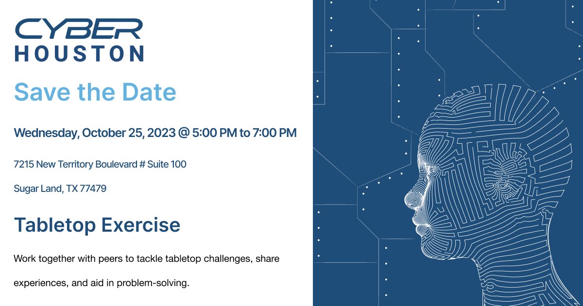 Save the Date! Stay tuned for Tabletop Exercise. Get your e-tickets today!

eventbrite.com/e/tabletop-exe…

When: Wednesday, October 25, 2023, from 5-7 pm

Where: 7215 New Territory Blvd # Suite 100
Sugar Land, TX 77479