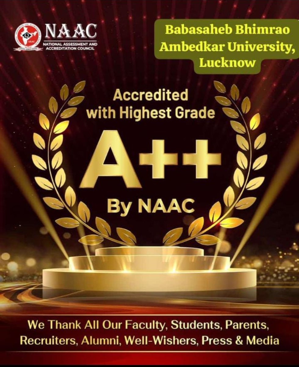 BBAUSocialMedia (@bbausocialmedia) on Twitter photo Very proud to share that BBAU is accredited with A++ by NAAC. We sincerely thank hon'ble Vice Chancellor <a href="/ProfSanjaySingh/">Prof. Sanjay Singh</a> for his able guidance & all the recruiters,alumni, patents,faculty,students,staff,press & media and well wishers.
<a href="/dpradhanbjp/">Dharmendra Pradhan</a> <a href="/EduMinOfIndia/">Ministry of Education</a> <a href="/ugc_india/">UGC INDIA</a> Very proud to share that BBAU is accredited with A++ by NAAC. We sincerely thank hon'ble Vice Chancellor <a href="/ProfSanjaySingh/">Prof. Sanjay Singh</a> for his able guidance & all the recruiters,alumni, patents,faculty,students,staff,press & media and well wishers.
<a href="/dpradhanbjp/">Dharmendra Pradhan</a> <a href="/EduMinOfIndia/">Ministry of Education</a> <a href="/ugc_india/">UGC INDIA</a>