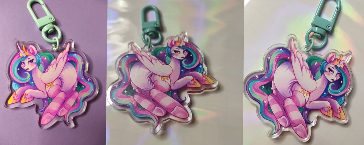 _P4ul1n's tweet photo. Look what I have! Charming keychainswith Celestia! 

Cost $13 (+ 3 random badges as a gift)
🟣9 left
🟣The cost of delivery is $15

#abdl #diaper #diaperedgirl #Celestia #mlpfanart https://t.co/sMn5rjl9uk