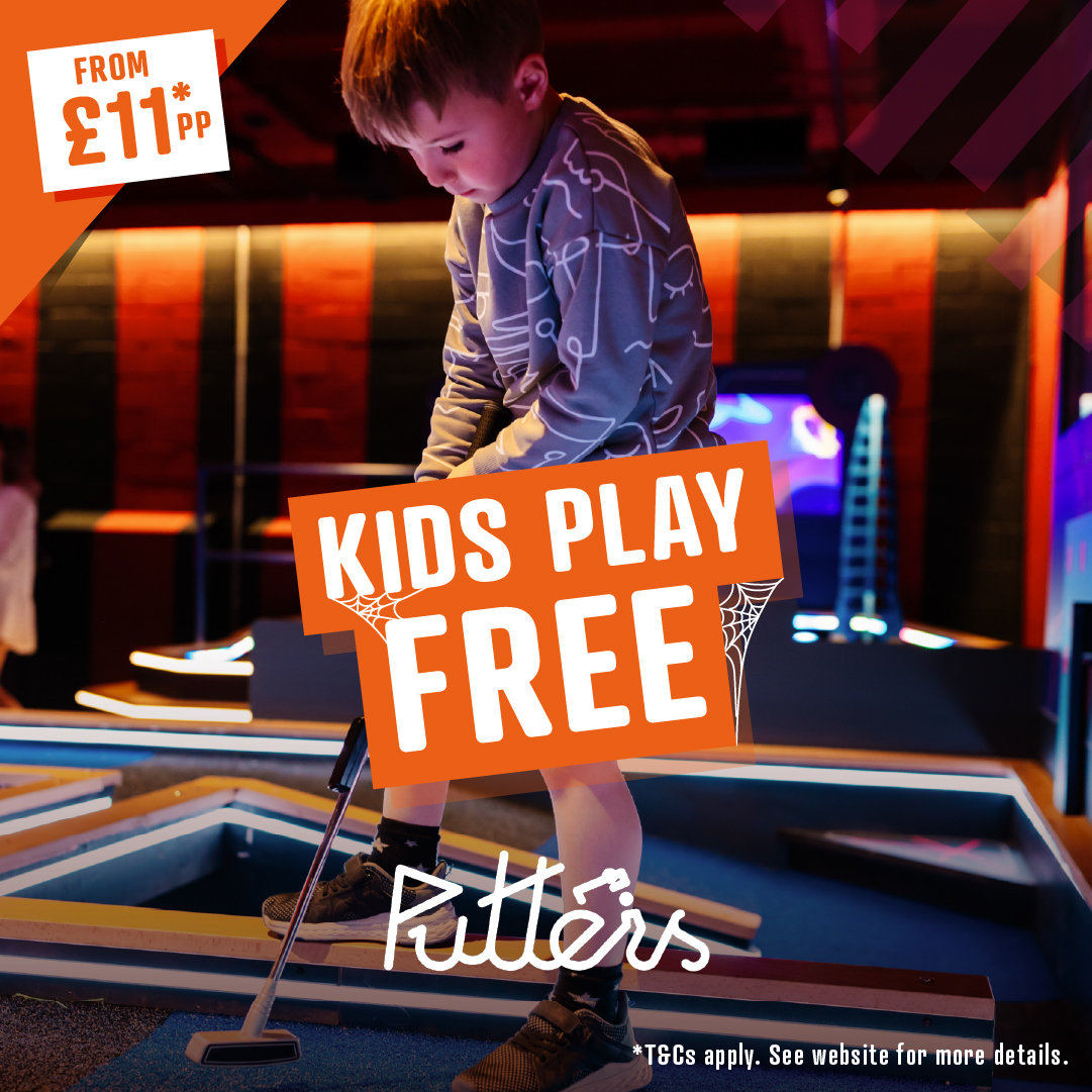 Make the most of Half Term at Putters, where kids play for FREE between Monday 23rd - Thursday 26th October!*

🏌️9 or 18 holes of tech-infused crazy golf
🏆In-game prizes
🍔Tasty kids meals
🥤Delicious milkshakes

Register here: x33q5.app.goo.gl/a5zDU

*T&amp;Cs apply.  See website.