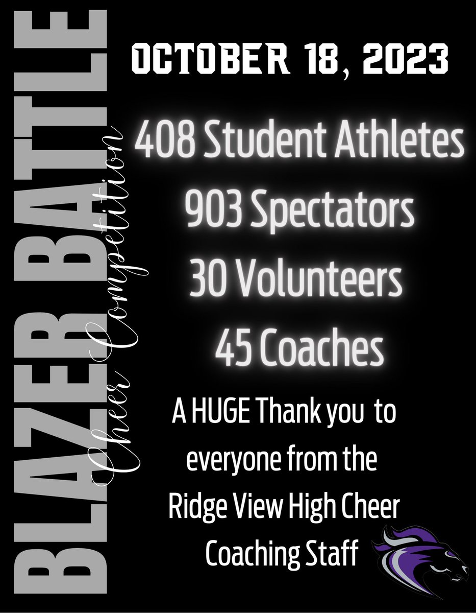 We cannot thank everyone enough for the success of our fourth annual Blazer Battle Cheer Competition!  We had so much fun and the talent that was displayed by the teams in attendance was AMAZING! 
Already looking forward to next years event! 
💜, the RVC Coaching staff