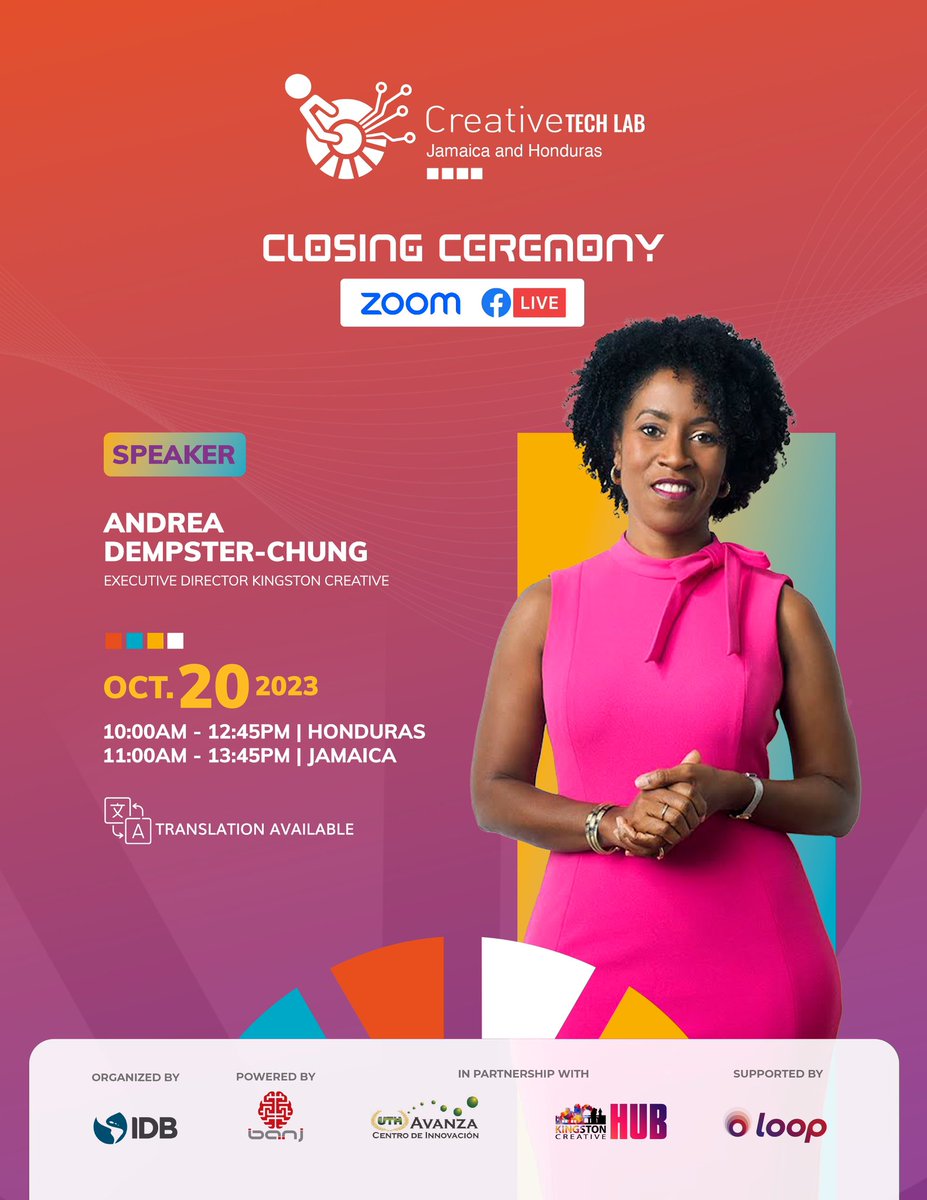 We are excited to announce that <a href="/dempsterchung/">Andrea Dempster Chung</a> will be speaking at the <a href="/CreativeTLab/">Creative Tech Lab</a> Jamaica and Honduras Closing Ceremony this Friday, October 20th. 
Join us at: bit.ly/Leveraging_tec…

Andrea Dempster-Chung is the Executive Director of <a href="/kgncreative/">Kingston Creative</a> hub.
Can't wait!!!