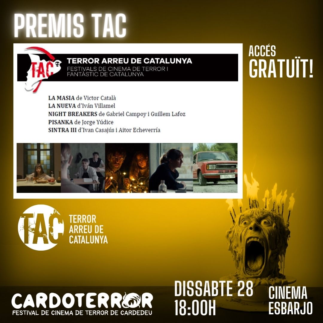 🗓️Dissabte 28 octubre, 18.00h
Projecció dels 5 curts finalistes que opten als Premis TAC <a href="/TACCatalunya/">TAC</a>

🎬LA MASIA - Victor Català
🎬LA NUEVA - Iván Villamel
🎬NIGHT BREAKERS - Gabriel Campoy i Guillem Lafoz
🎬PISANKA - Jorge Yúdice
🎬SINTRA III - Ivan Casajús i Aitor Echevarría