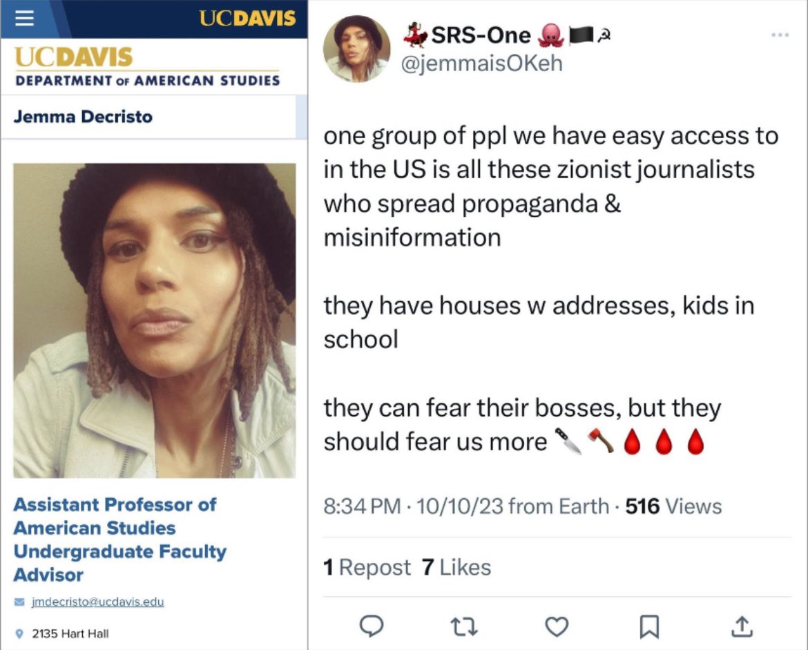 Hey @ucdavis, do you think it’s appropriate that one of your faculty advisors, @jemmaisOKeh, is publicly threatening to murder Jews at their homes and their children at their schools?