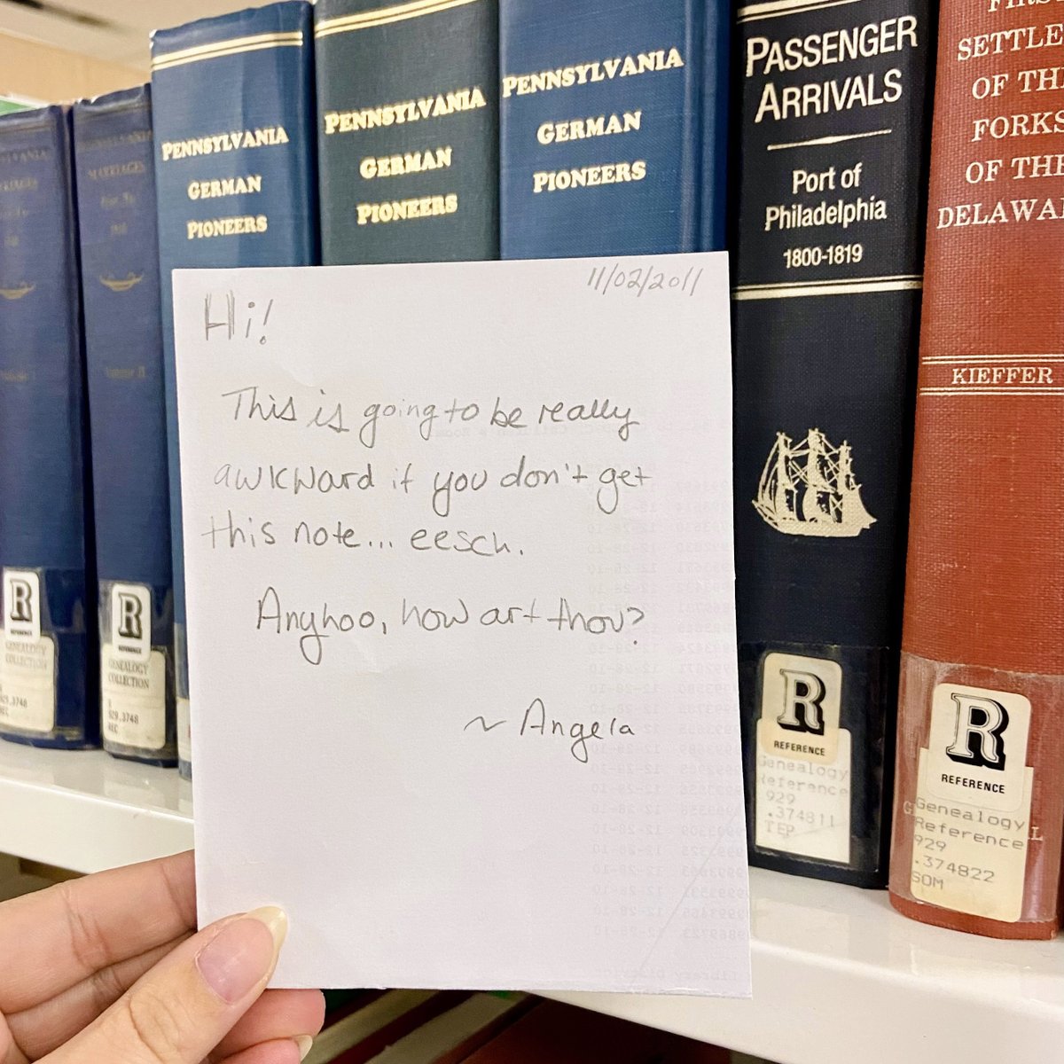 CookLibrary's tweet photo. Dear Angela,
Eesch, this is awkward... it took us almost exactly 12 years to find your note in that genealogy book. Anyhoo, we're doing just fine. Hope you're doing well!
Sincerely,
CMPLD and the patron who found your note ๐ซถ
#found #foundnotes #hiangela https://t.co/C7DfoNFAJG