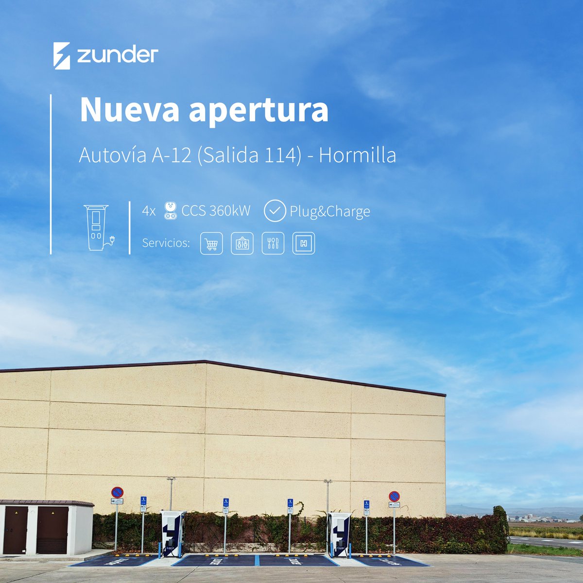 💥 #NuevaApertura | ¡Ya se encuentra operativa la Estación de Carga Ultra-rápida de Zunder en Hormilla, La Rioja!

⚡ 4 CCS con hasta 360 kW de potencia
✅ Plug&amp;Charge disponible

🍽️ Restaurantes
🛍 Tiendas
🚻 Aseos
🏨 Hotel

zunder.com/estacion-carga…