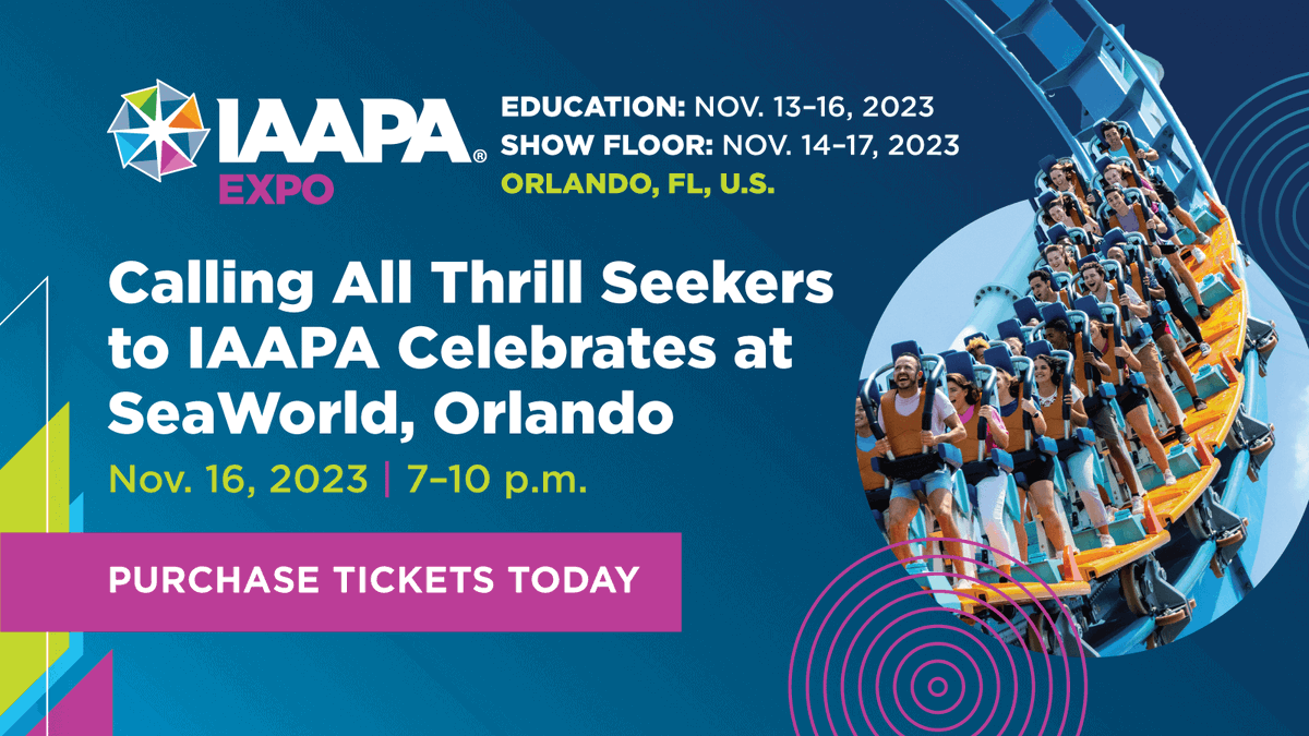 Don't miss IAAPA Celebrates at SeaWorld, Orlando! Experience a night of mesmerizing marine life, thrilling rides and captivating attractions. This private attendee-only event is the perfect finale to IAAPA Expo 2023.

Purchase your tickets today! bit.ly/446BDVn