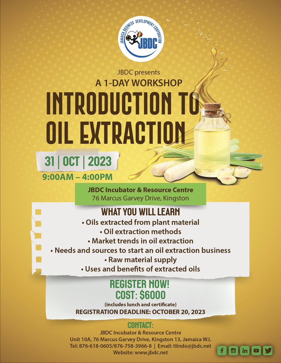 JBDCJamaica's tweet image. Register now at jbdc.net/training/

#JBDC #EssentialOils #oilextraction #extraction #oils #BuildingJamaicaEdited