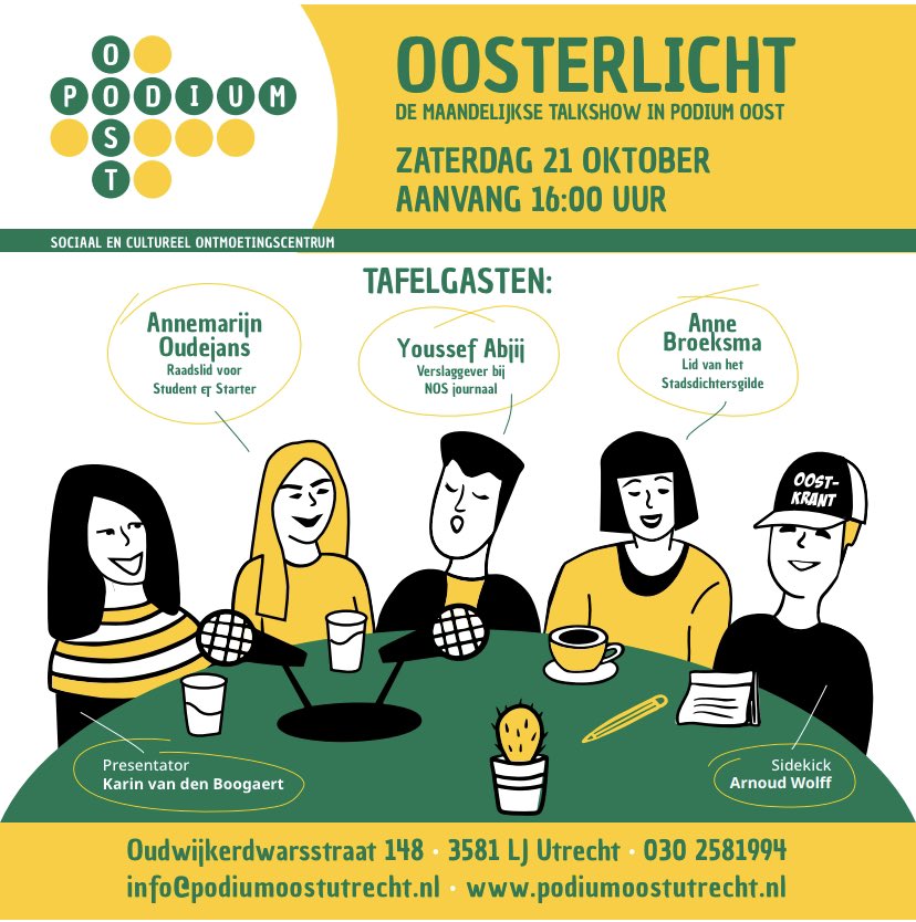 Zaterdag 16u de talkshow🎙️Oosterlicht in <a href="/PodiumOost/">Podium Oost Utrecht</a> Presentator Karin vd Boogaert ontvangt aan tafel (stads)dichter Anne Broeksma, raadslid <a href="/AnnemarijnOud/">Annemarijn Oudejans</a> en NOS-reporter @youssefabjij Met de test-je-kennis-van-Oost-quiz als grande finale 👉 oostkrant.com/oosterlicht/
