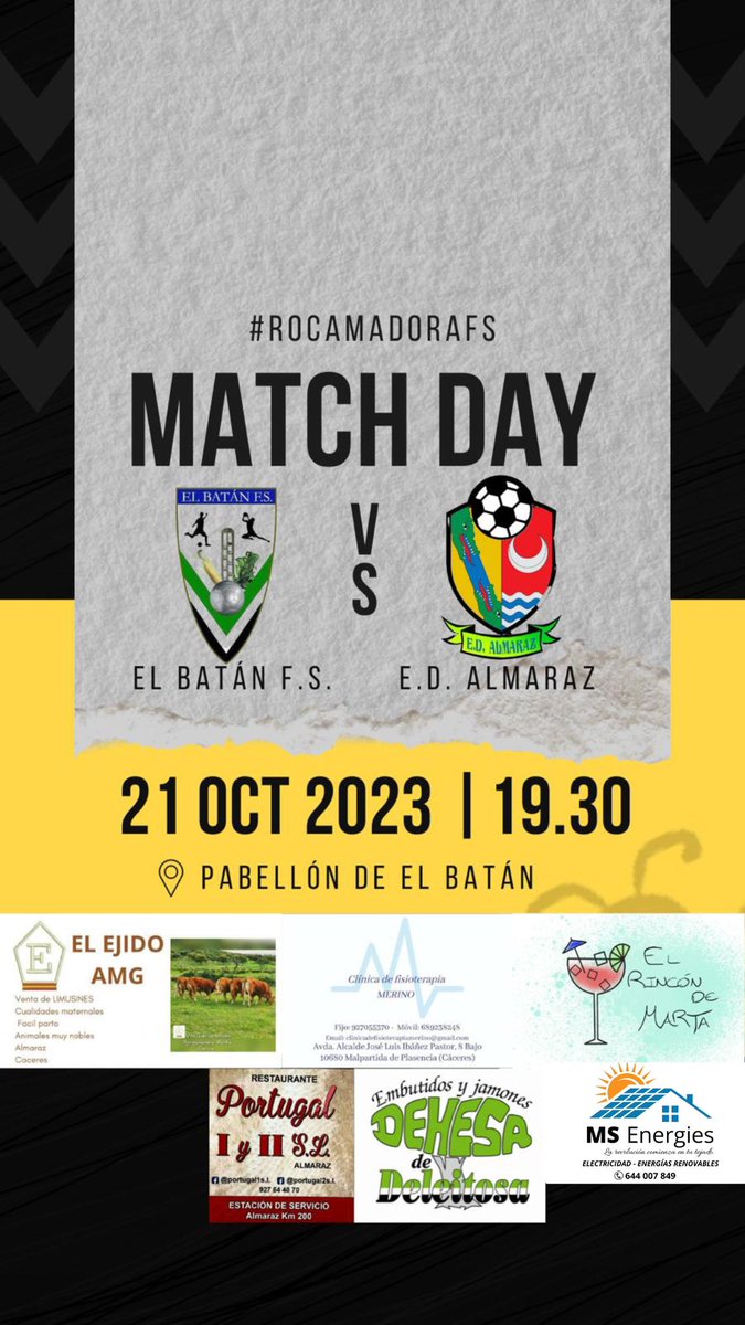 RocamadorAFS's tweet photo. ⚽JORNADA 3⚽

EQUIPO SENIOR 

📍Pabellon Municipal de Batán 
🗓 21 Octubre 
🕗 19:30

 @Aludecelbatanfs vs @RocamadorAFS 

#RocamadorAFS 
#VUELVE 
#GanasIlusionUnion https://t.co/QXKRdSLPuf