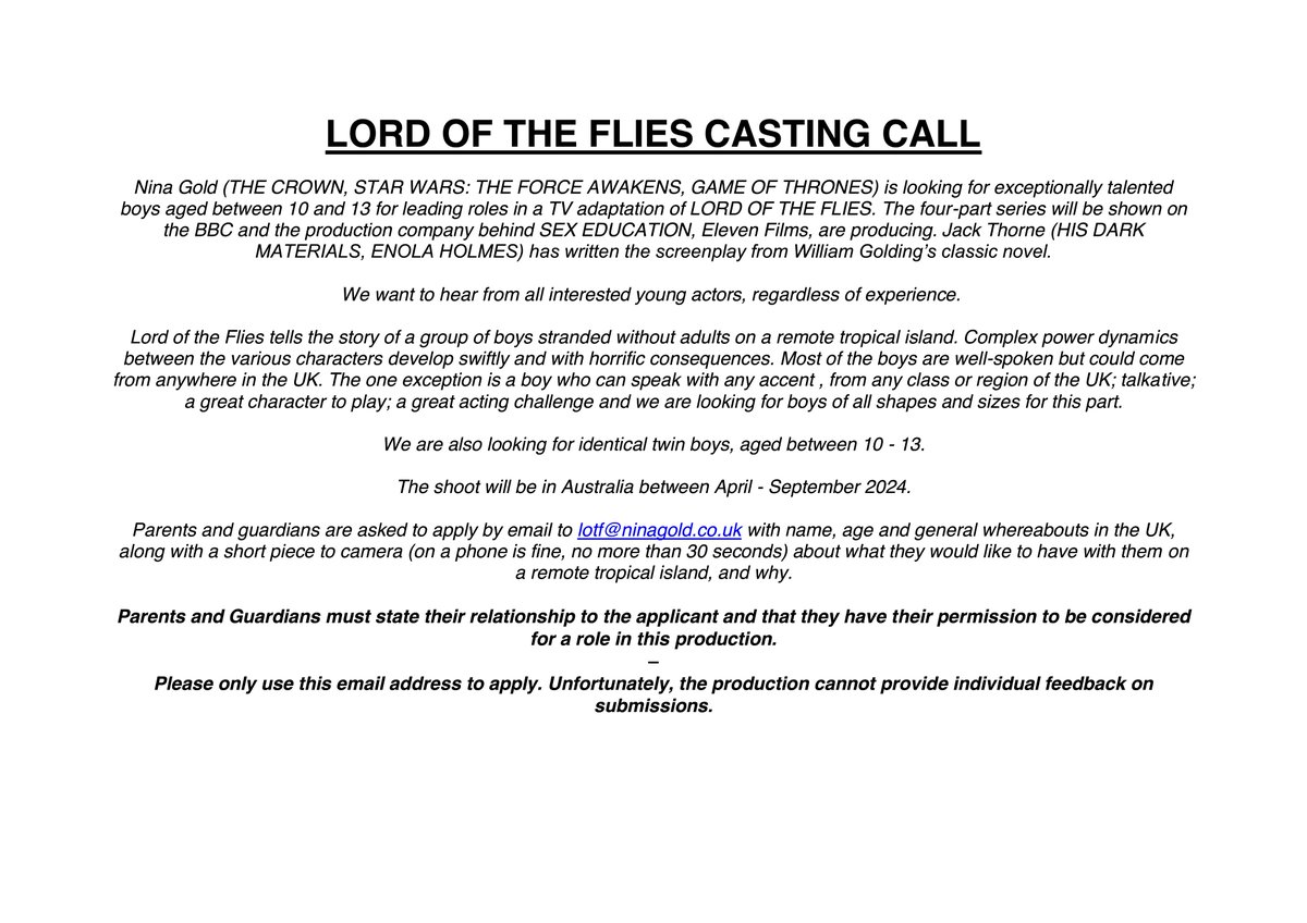 🪰CASTING CALL🪰 We are looking for boys aged 10-13 for a new TV adaptation of Lord of the Flies by @jackthorne being produced by @ElevenFilm . See image below for details.