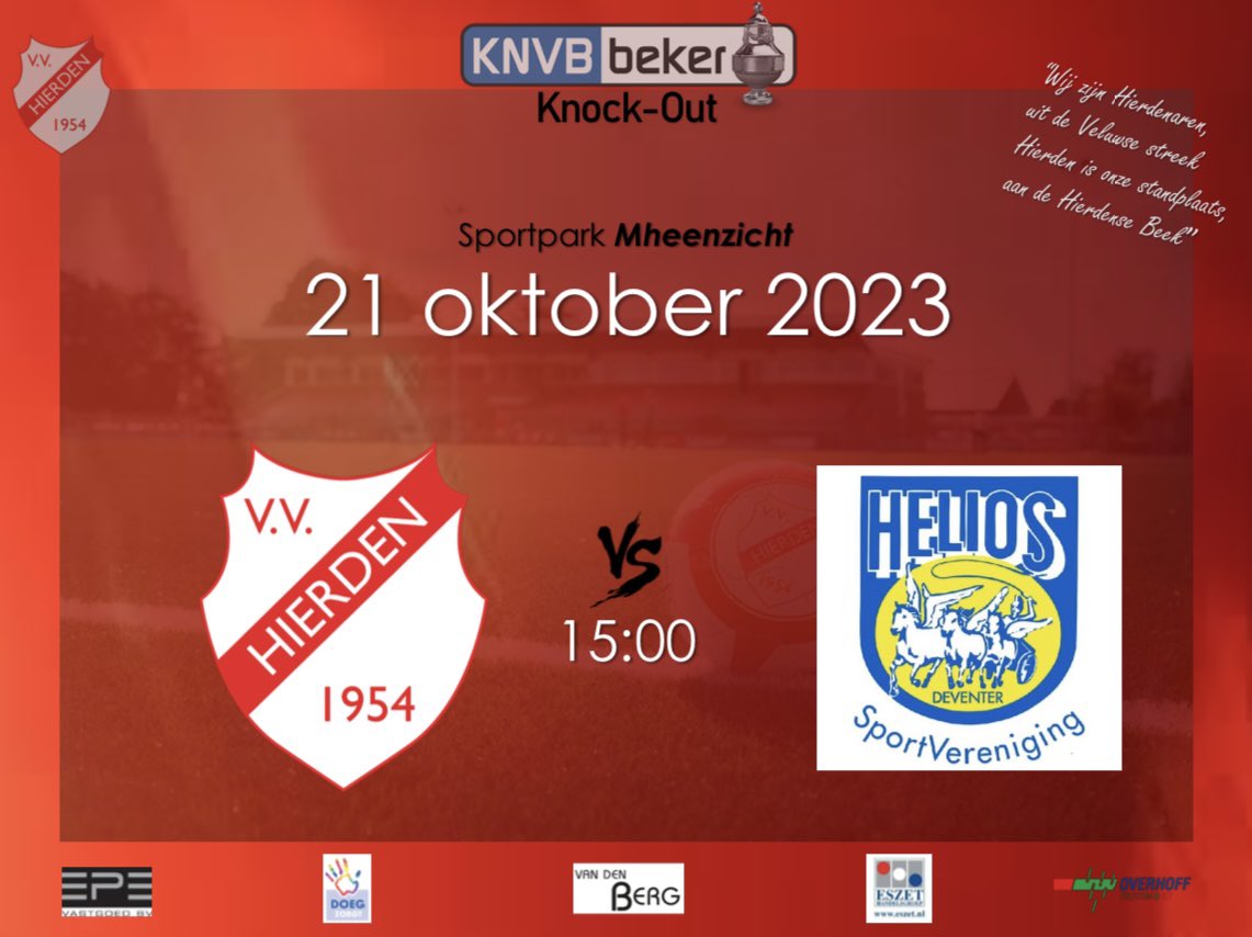 PROGRAMMA | Zaterdag speelt Hierden in de eerste ronde van de knock-out fase van het bekertoernooi tegen <a href="/heliosdeventer/">SV Helios Deventer</a>. Twee ploeg die dit jaar nog ongeslagen zijn in officiële wedstrijden. 

⚽️v.v. Hierden - s.v. Helios 
🏆Beker 
🕔15:00 
🏟️Mheenzicht 
🗣️Schuhmacher