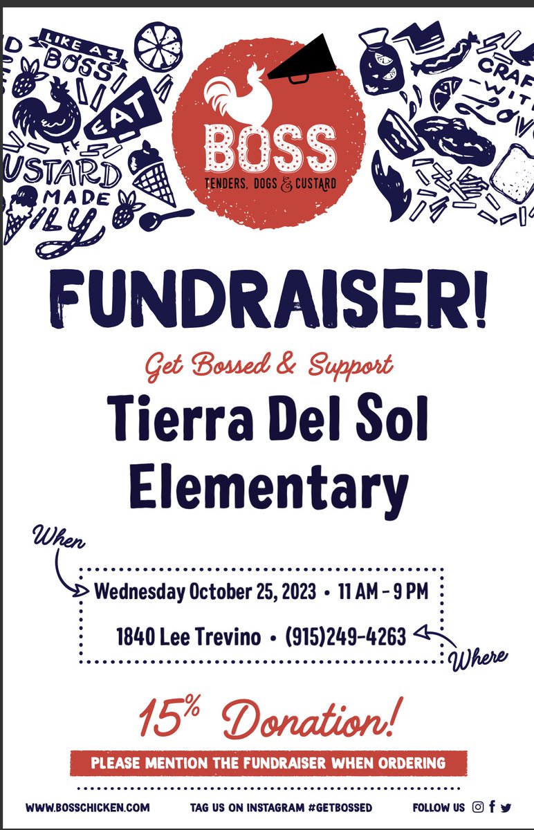 Hoping everyone can join and support us <a href="/bosschicken915/">Boss Tenders, Dogs & Custard</a> for a delicious meal for a good cause.  Please mention TDS when ordering or on your to-go orders!  Muchas gracias for all your support! 😋🌭🍗🍦#getbossed