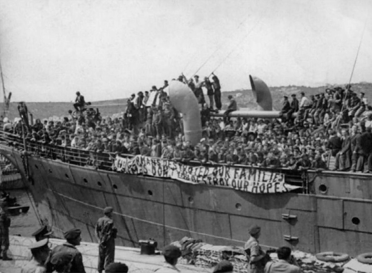 kwtil's tweet photo. Let’s go back with history..

In 1947, the Jews fled from Germany and some European countries by ship as refugees . they are looking for a land to settle in and their people are good and help them.

Upon their arrival in Palestine, the Palestinian people welcomed them with open arms and gave them the security they had lost in their country of origin.

It was written sentence on ships " The Germans destroyed our families and homes, don't you destroy our hope!"

And then in 1948, that is, only a year later, the Jews began to declare that Palestine is their state.
#Gaza 
#Palaestine 
#isreal