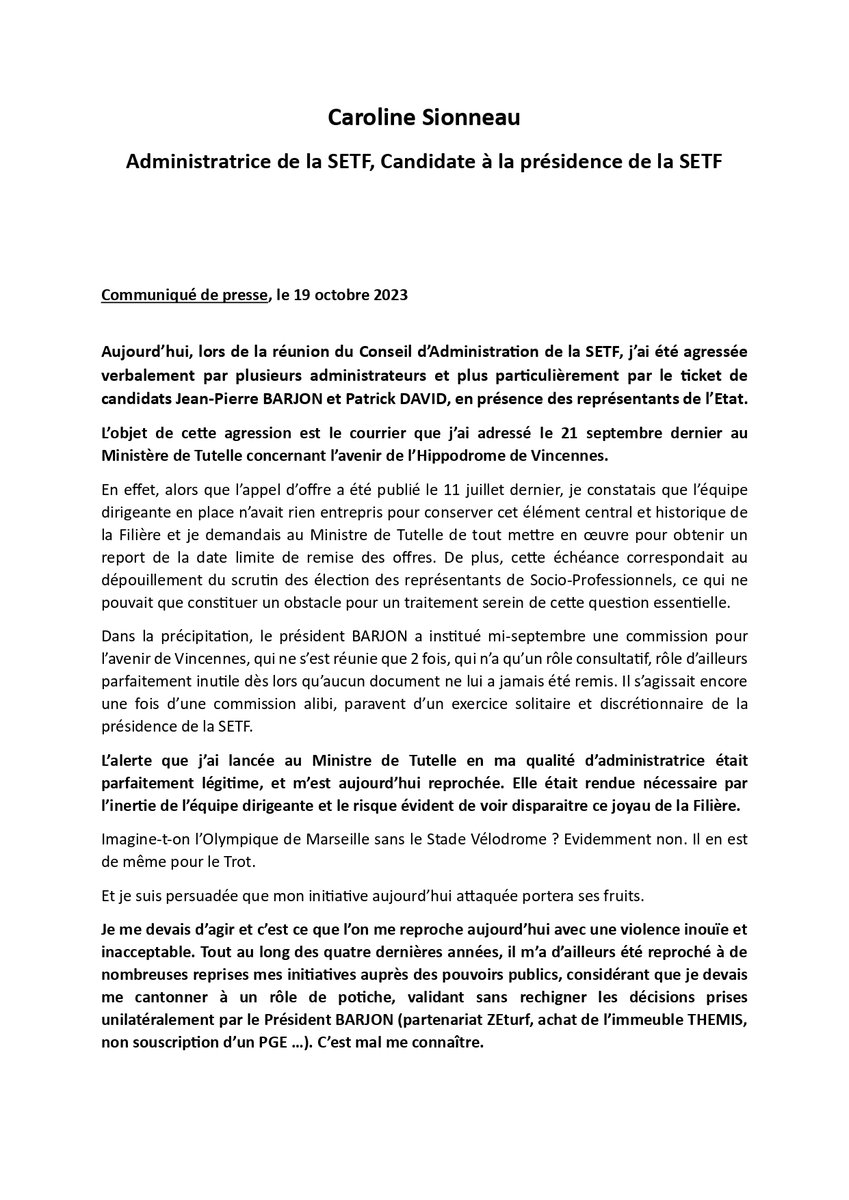 USCHippiques's tweet photo. Communiqué de Caroline Sionneau, administratrice et candidate à la présidence de la SETF : 
VINCENNES FOREVER ➡️https://t.co/ys1hu4kVdV 
@ProvinceCourses @P_TurfCopier @leparisien_turf  @cordierturfclub @VeriteCourses @cpiersanti https://t.co/dgrVGCrCqI