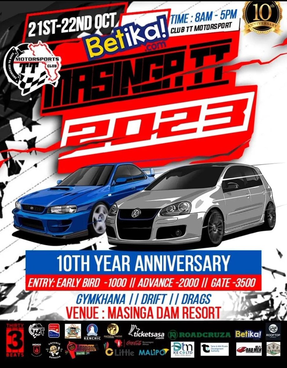 TardaKE's tweet photo. 1: All roads lead to #MasingaDamResort this weekend!🚗Get ready for an adrenaline-fueled weekend at #MasingaTT, the ultimate car event! 🏁 Experience the thrill of high-speed races and jaw-dropping stunts as drivers showcase their skills in drag racing, drifting, and gymkhana. https://t.co/eYm8IegHVg