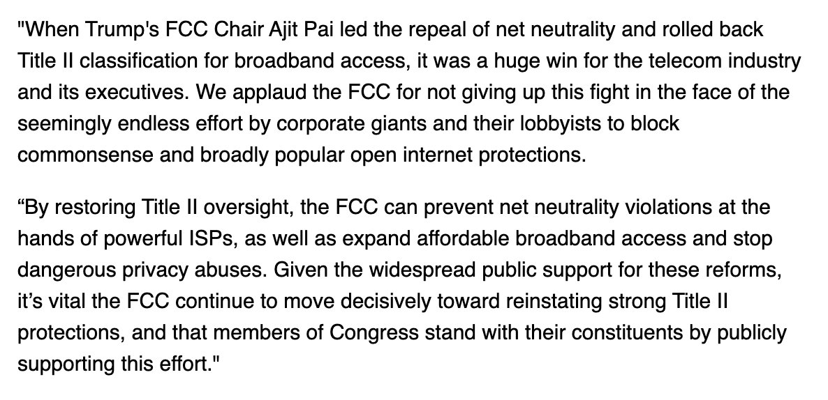 demandprogress's tweet image. 🚨 BREAKING: The @FCC just voted to advance a rulemaking that would reclassify broadband under Title II and restore #netneutrality!  

This is a critical move to undo Trump's FCC Chair Ajit Pai's repeal of net neutrality + save the free, open internet.  

Our statement: