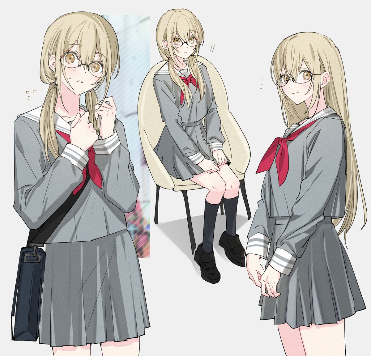 1girl glasses school uniform skirt sitting twintails long hair  illustration images