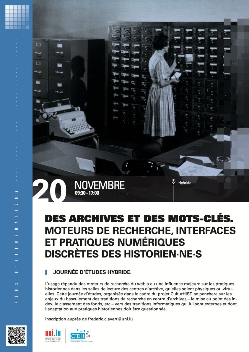 Vous êtes historien ou historienne ? Vous utilisez des moteurs de recherche dans vos travaux quotidiens ?
Nous organisons une journée sur le sujet le 20 novembre au <a href="/C2DH_LU/">C2DH_LU</a> et à distance 😊⬇️